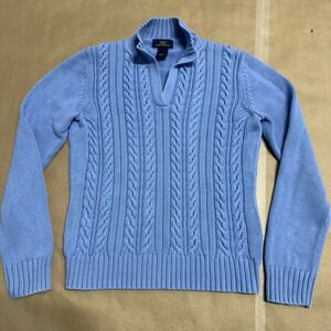 Brooks Brothers 346 Womens Light Blue Cotton Cable Knit V-Neck Sweater Small
